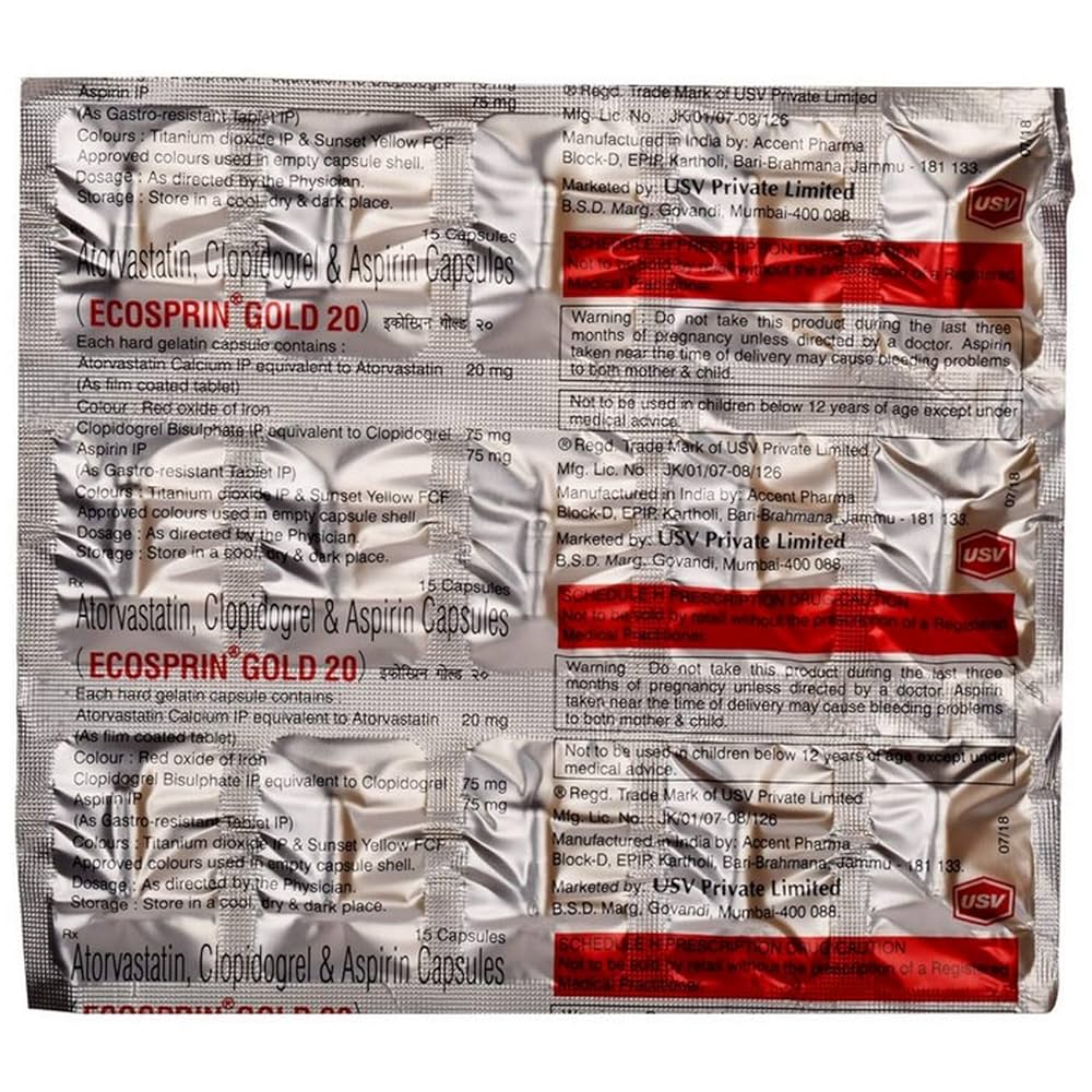 Ecosprin Gold 20 Mg (Atorvastatin/Clopidogrel/Aspirin)